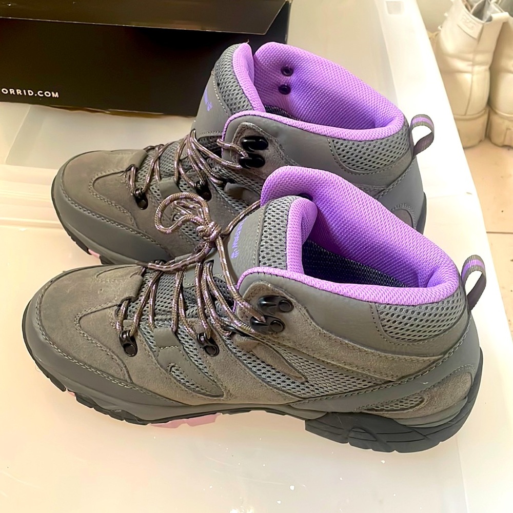 grey and purple hiking boots
